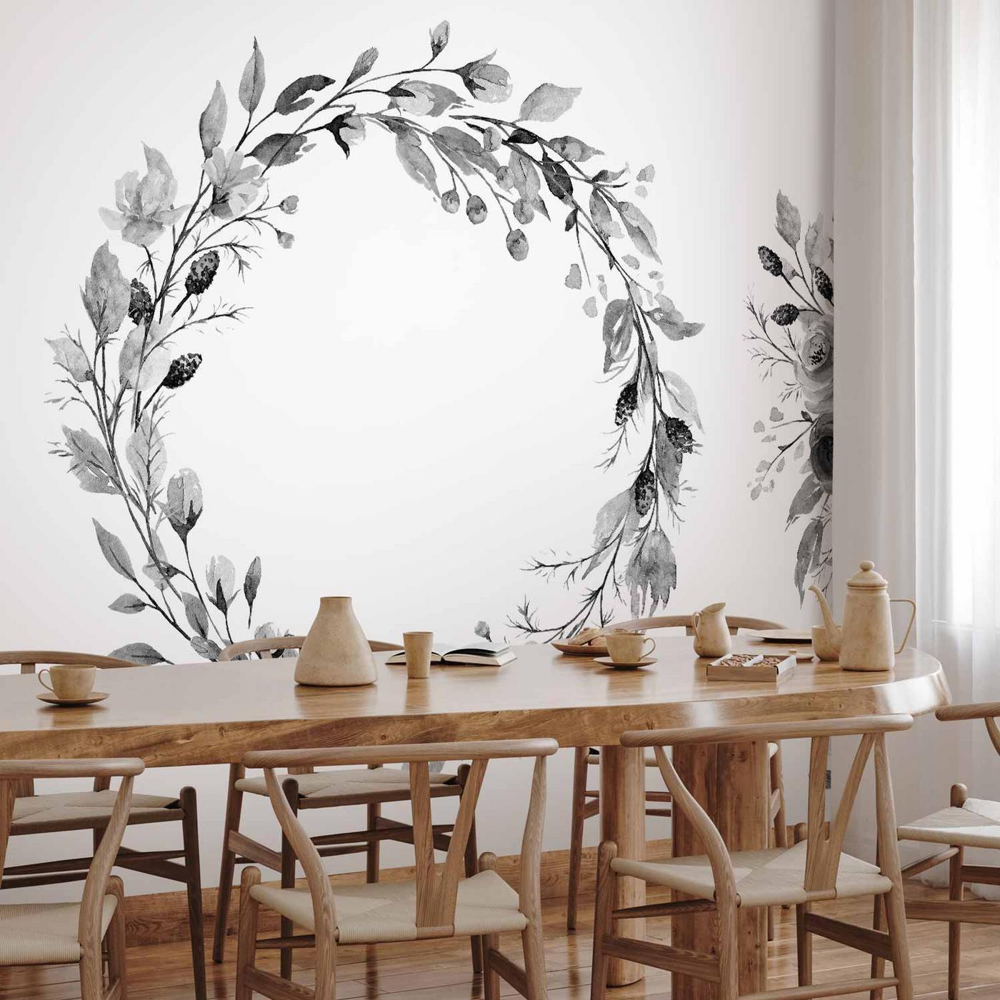 Fotobehang - Romantic wreath - grey plant motif with leaves with rose pattern