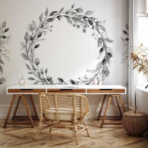 Fotobehang - Romantic wreath - grey plant motif with leaves with rose pattern