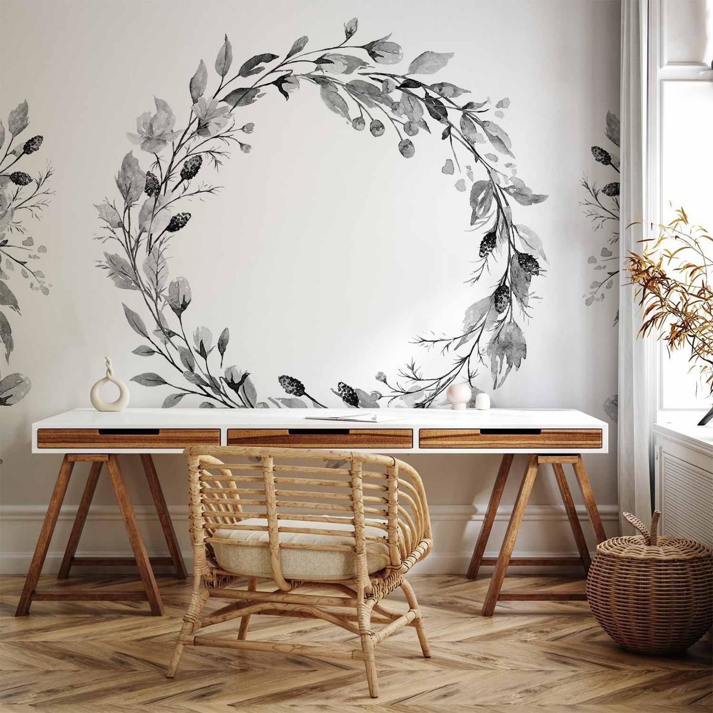 Fotobehang - Romantic wreath - grey plant motif with leaves with rose pattern