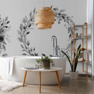Fotobehang - Romantic wreath - grey plant motif with leaves with rose pattern