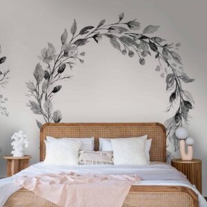 Fotobehang - Romantic wreath - grey plant motif with leaves with rose pattern