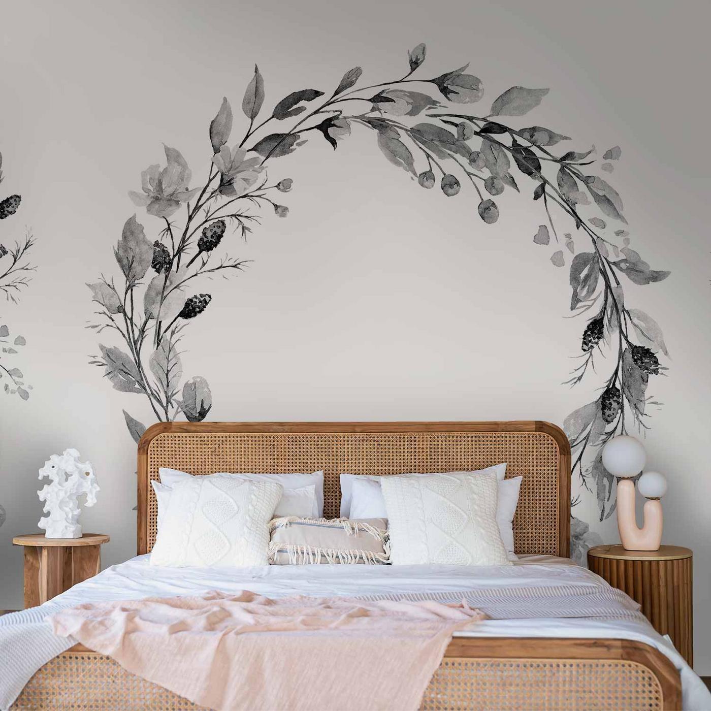 Fotobehang - Romantic wreath - grey plant motif with leaves with rose pattern