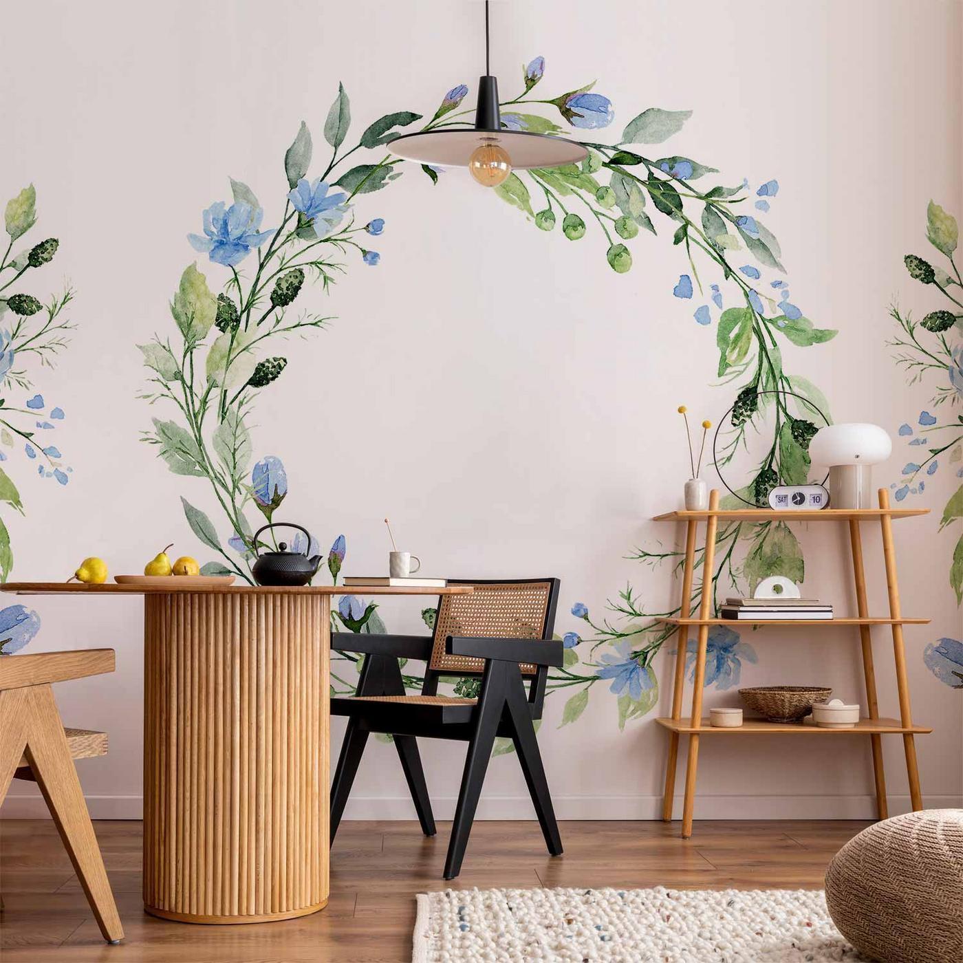 Fotobehang - Romantic wreath - plant motif with blue flowers and leaves