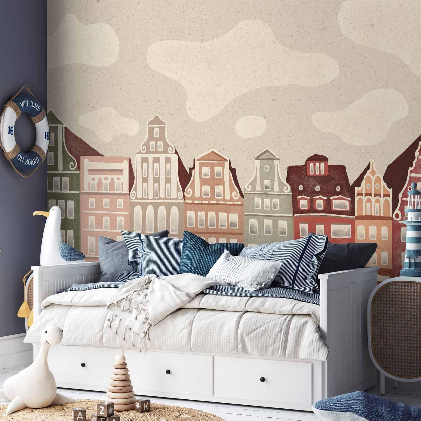 Fotobehang - Salt Square - Colorful Illustrated Townhouses Against a Cloudy Sky Background