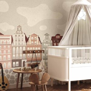 Fotobehang - Salt Square - Colorful Illustrated Townhouses Against a Cloudy Sky Background