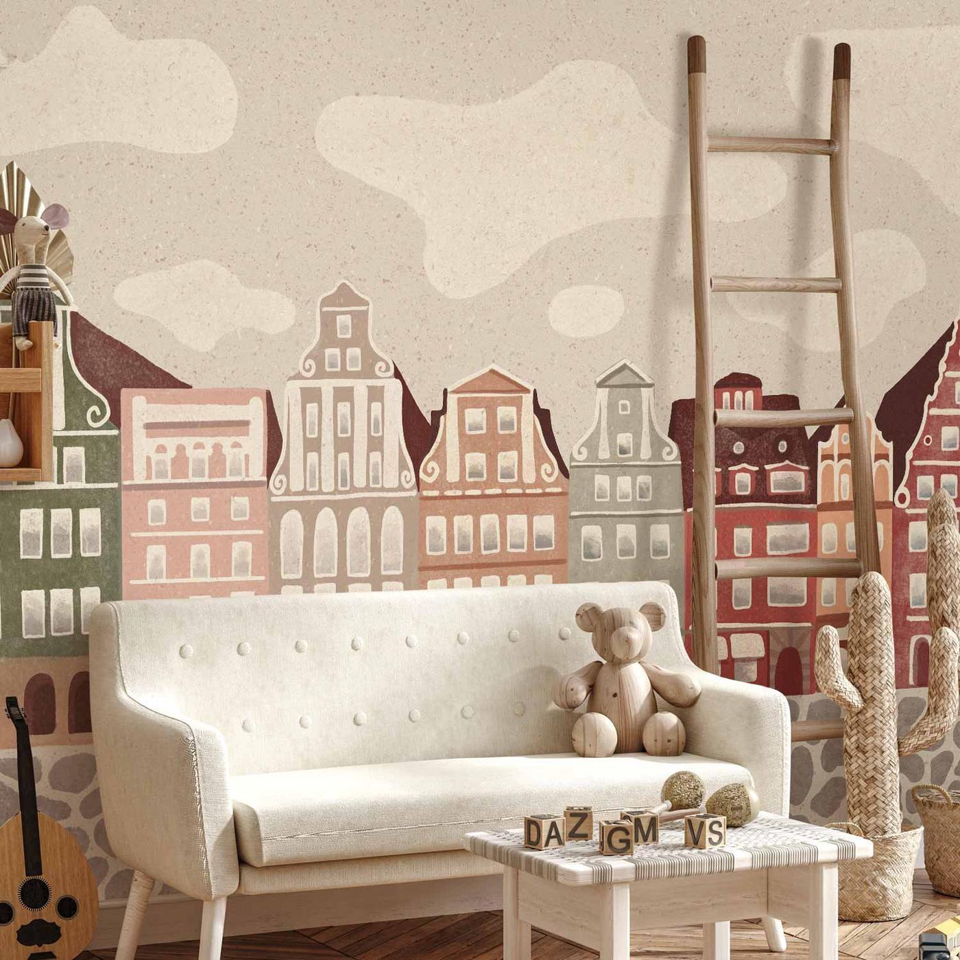 Fotobehang - Salt Square - Colorful Illustrated Townhouses Against a Cloudy Sky Background