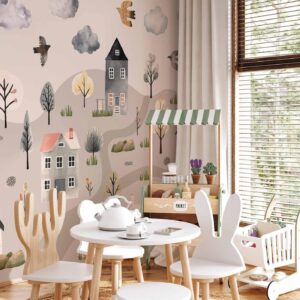 Fotobehang - Scandinavian Valley - Village in Pastel Colours Painted in Watercolours