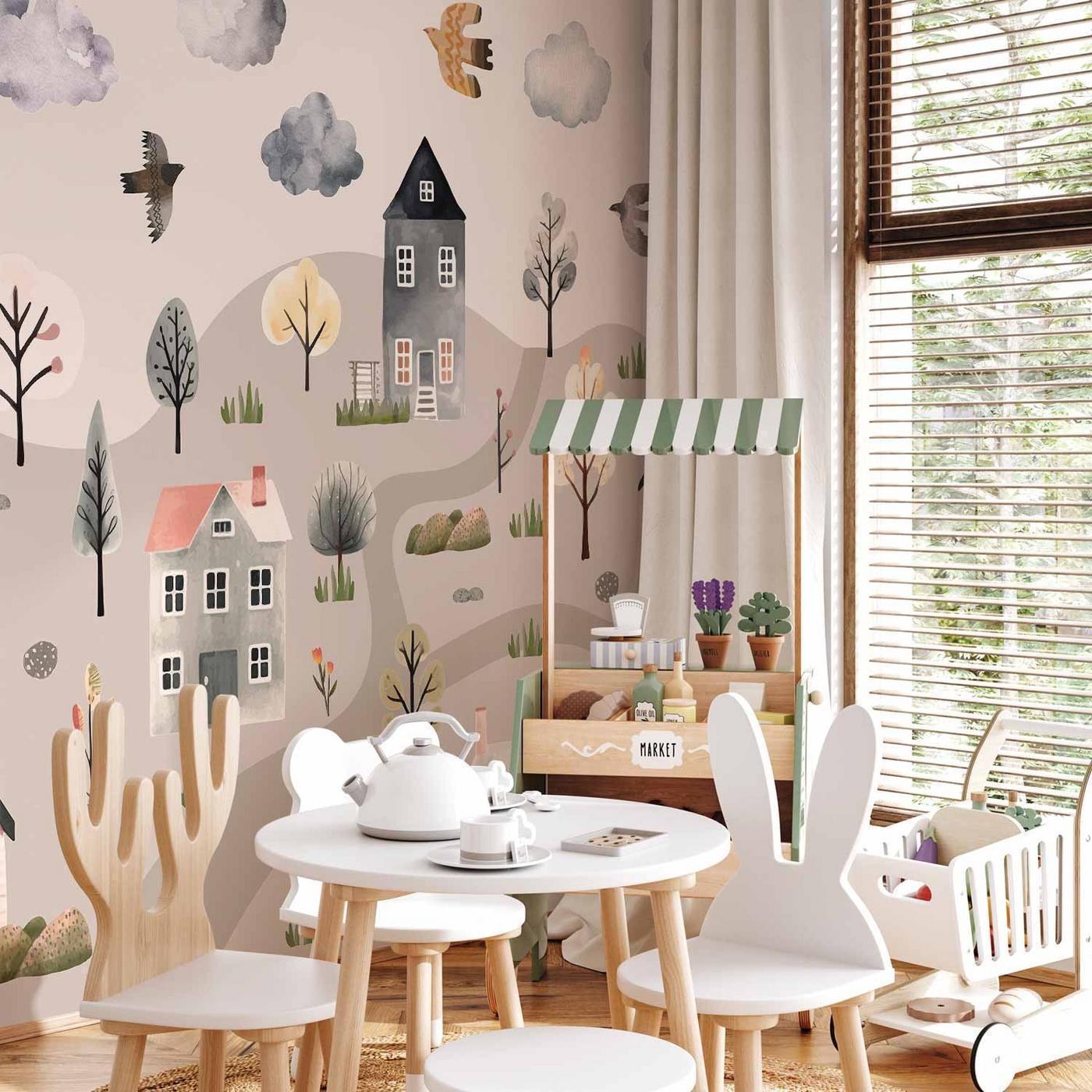 Fotobehang - Scandinavian Valley - Village in Pastel Colours Painted in Watercolours