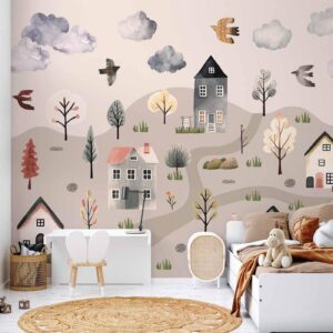 Fotobehang - Scandinavian Valley - Village in Pastel Colours Painted in Watercolours