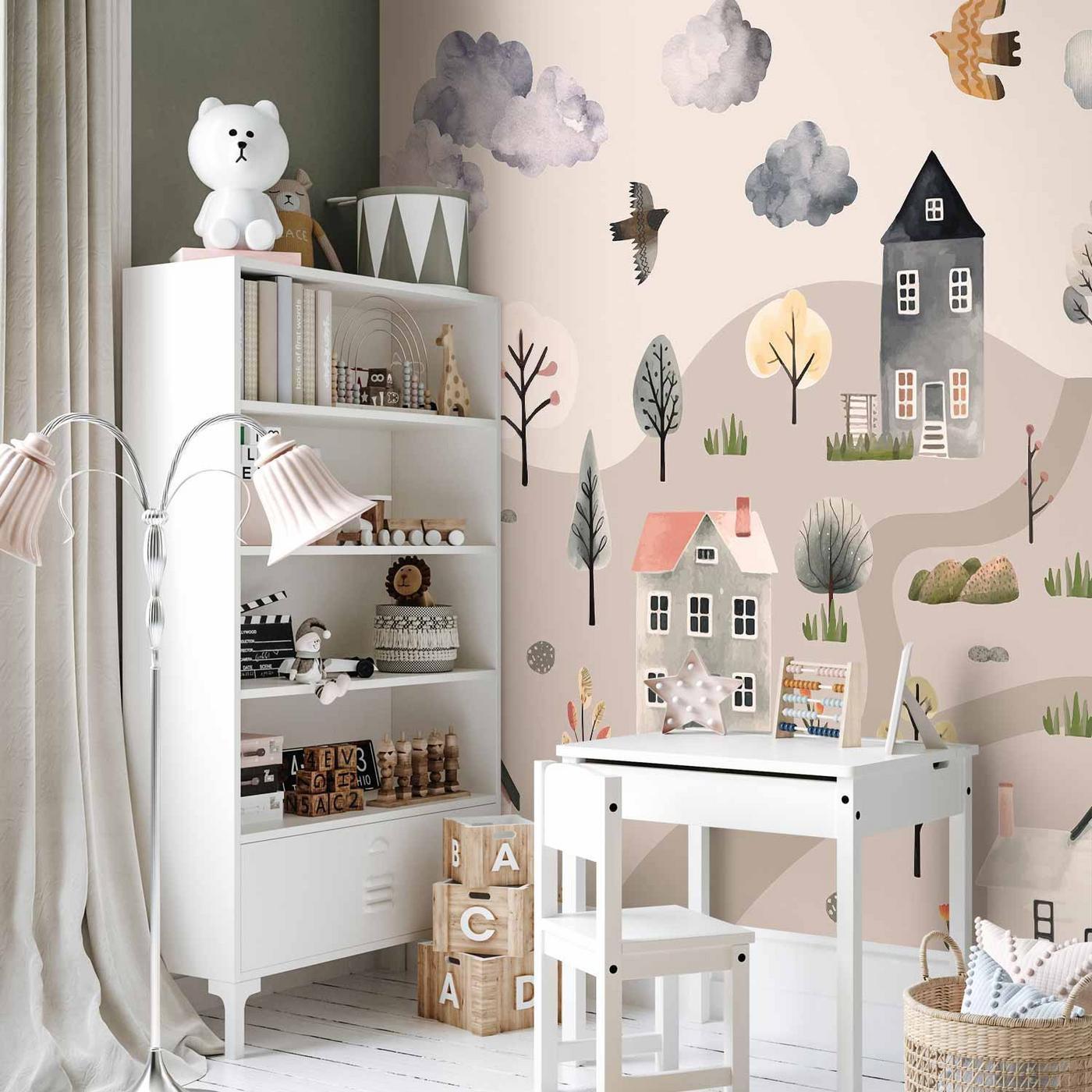 Fotobehang - Scandinavian Valley - Village in Pastel Colours Painted in Watercolours