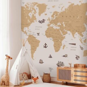 Fotobehang - Sea Wolf Map - Countries With Pirate Illustrations