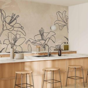 Fotobehang - Sketch of nature - minimalist lineart with lily flowers on a beige background