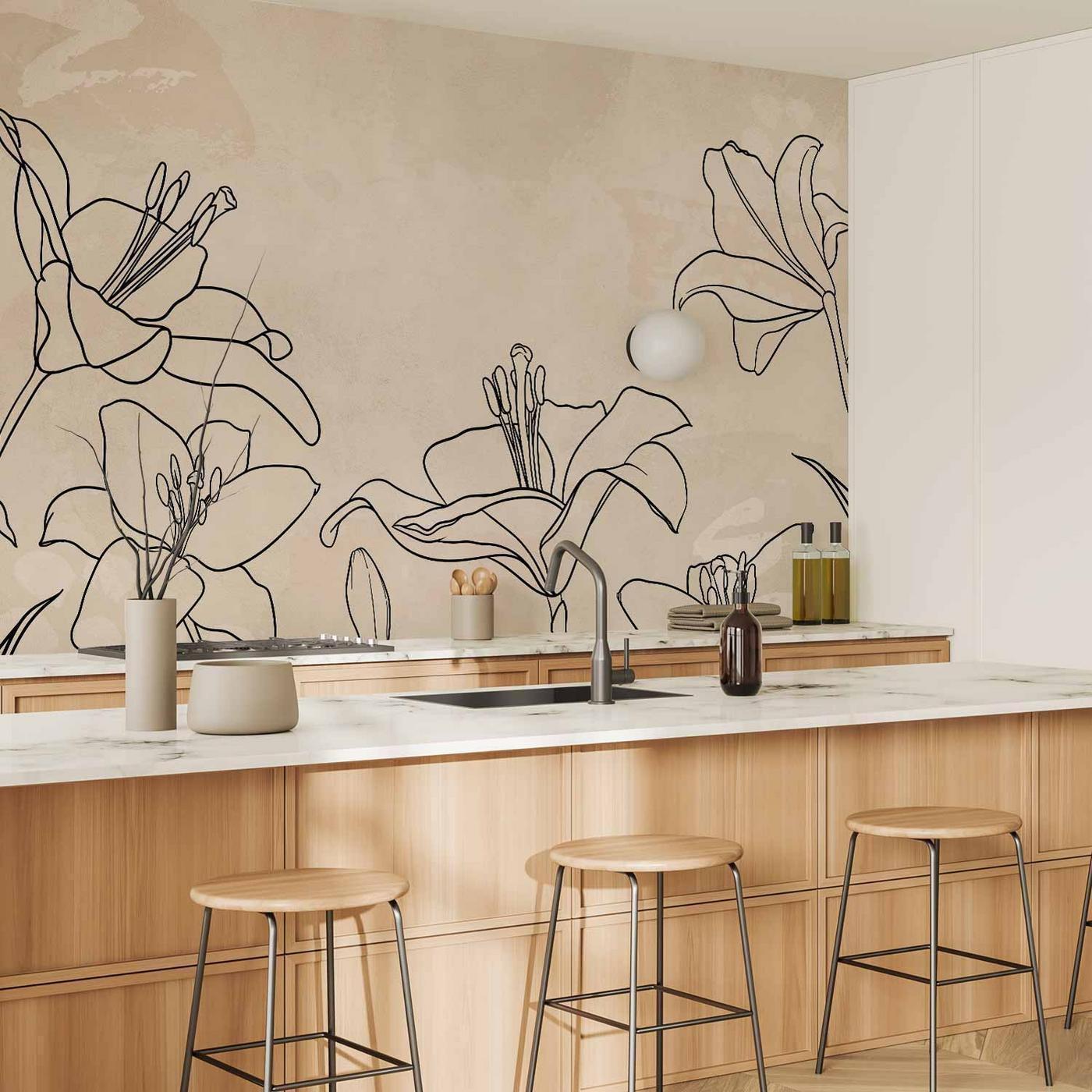 Fotobehang - Sketch of nature - minimalist lineart with lily flowers on a beige background