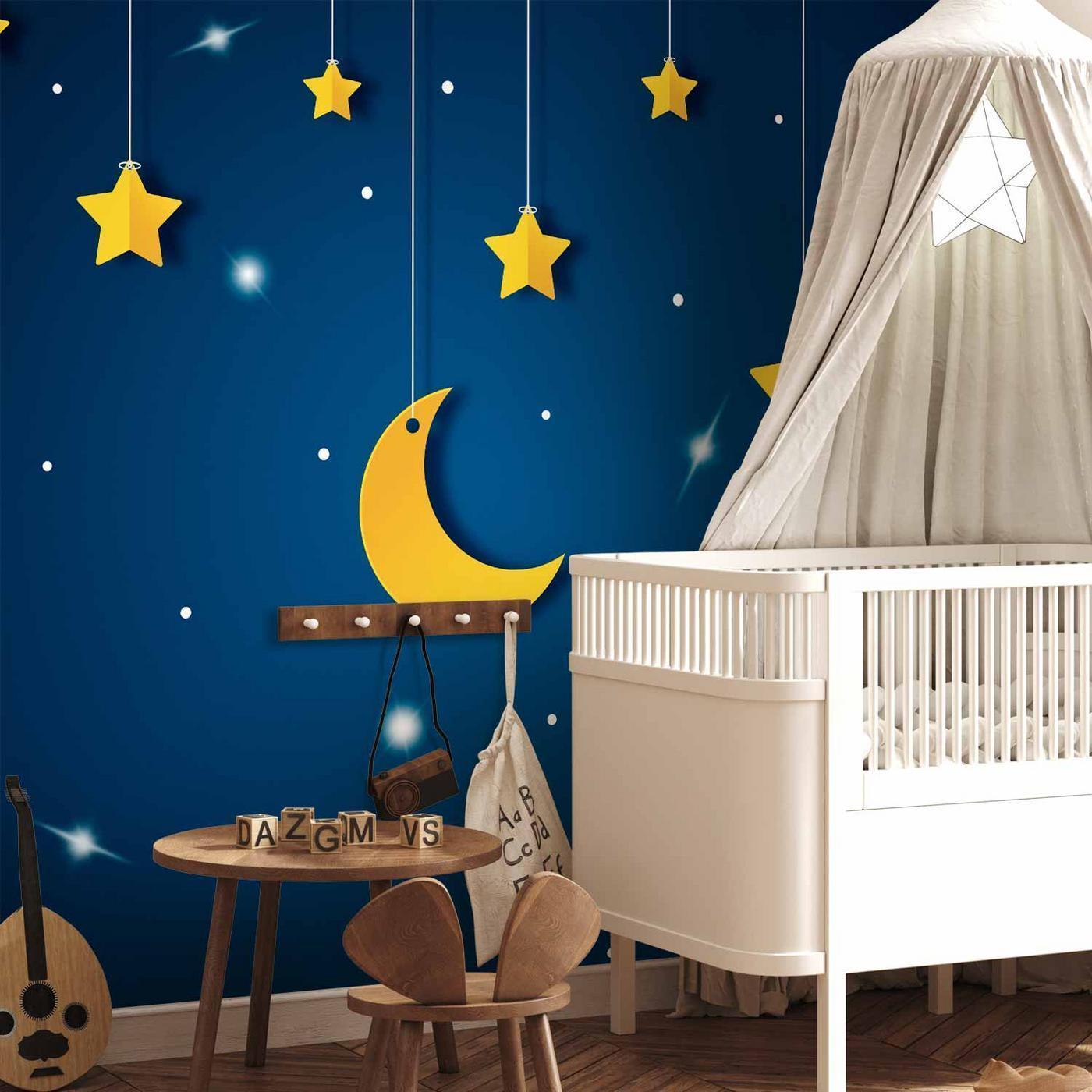 Fotobehang - Skyline - night sky landscape with stars and moon for children