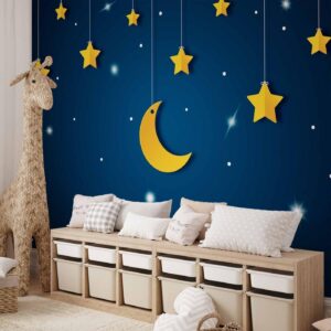 Fotobehang - Skyline - night sky landscape with stars and moon for children
