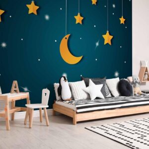 Fotobehang - Skyline - turquoise night sky landscape with stars for children
