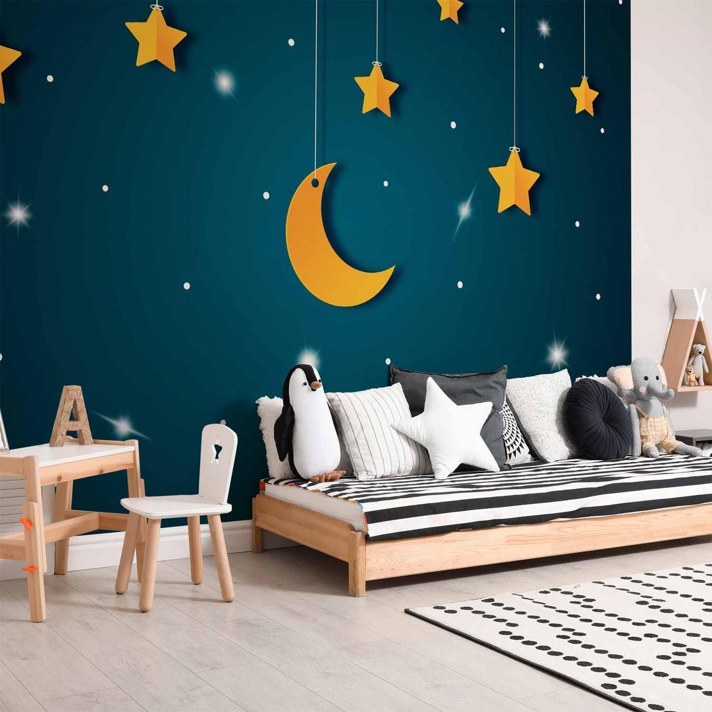 Fotobehang - Skyline - turquoise night sky landscape with stars for children