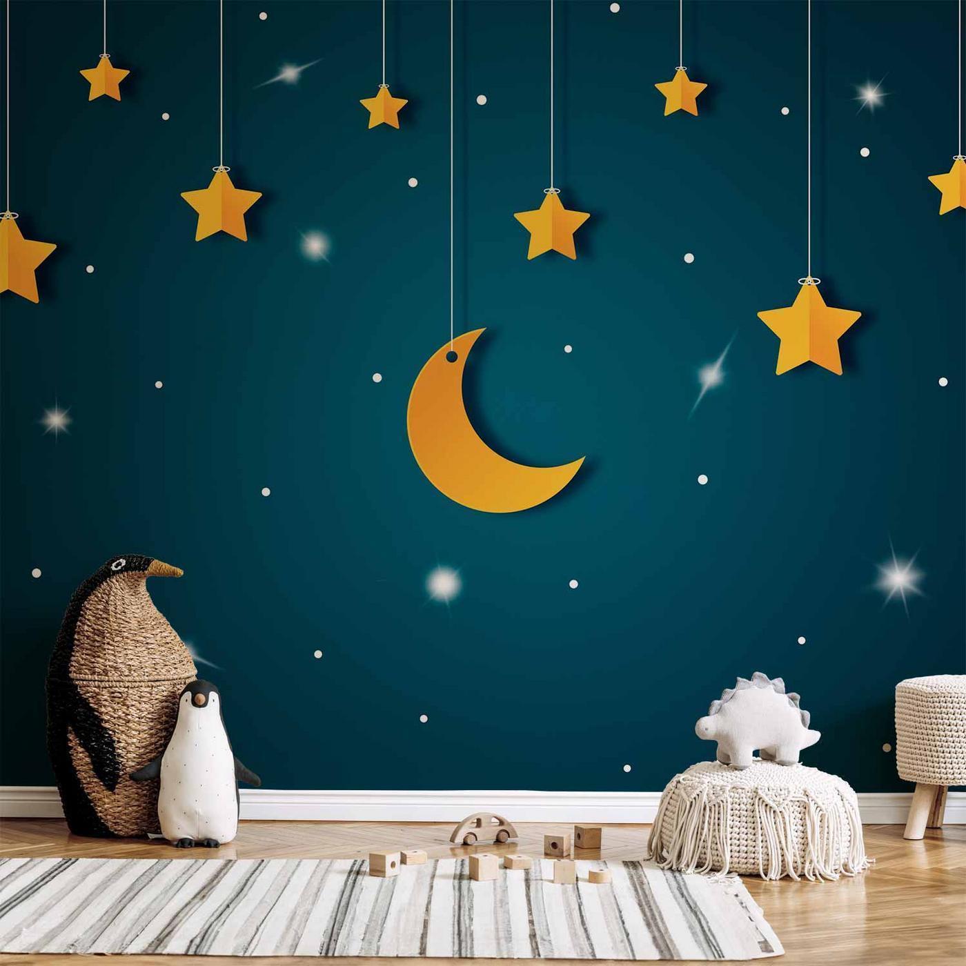 Fotobehang - Skyline - turquoise night sky landscape with stars for children