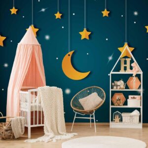 Fotobehang - Skyline - turquoise night sky landscape with stars for children