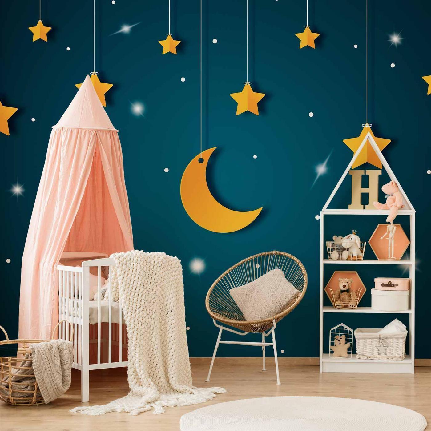 Fotobehang - Skyline - turquoise night sky landscape with stars for children