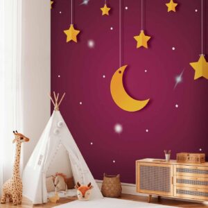 Fotobehang - Skyline - violet night sky landscape with stars for children