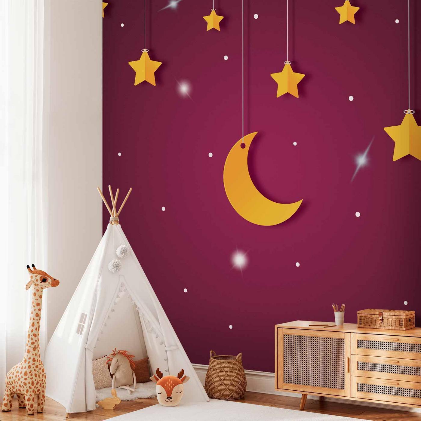 Fotobehang - Skyline - violet night sky landscape with stars for children