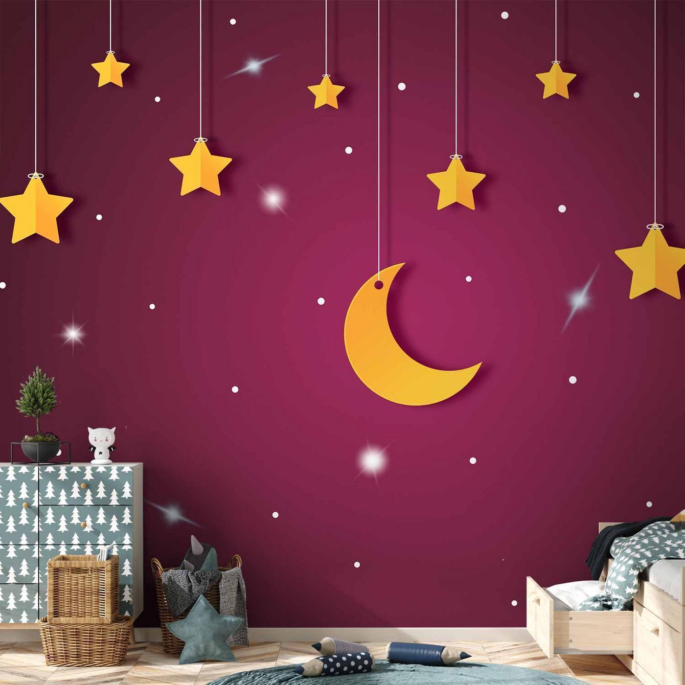 Fotobehang - Skyline - violet night sky landscape with stars for children