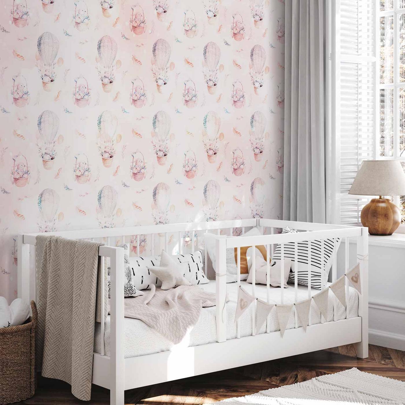 Fotobehang - Solid pattern with feathers - hares in a basket and in a balloon for children