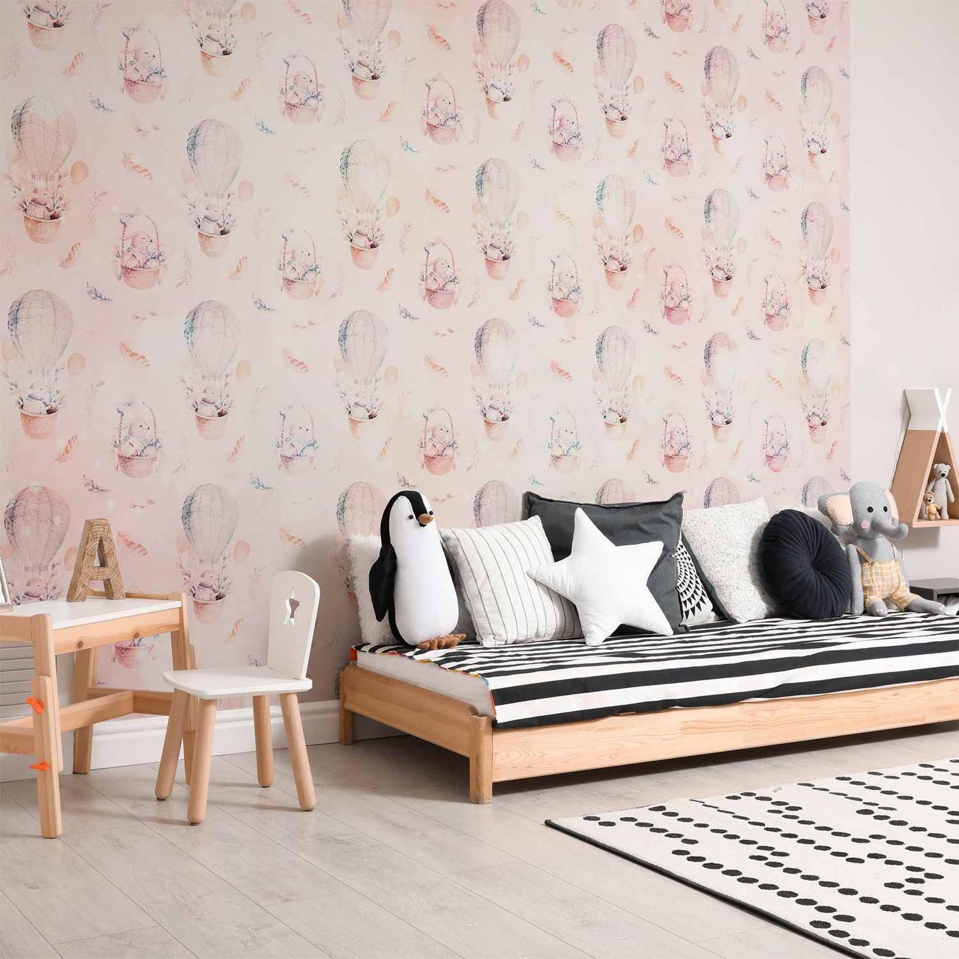 Fotobehang - Solid pattern with feathers - hares in a basket and in a balloon for children