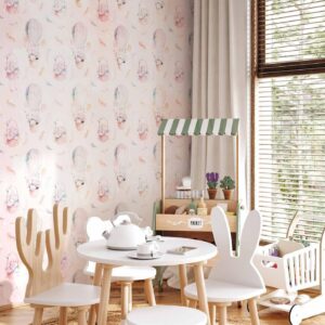 Fotobehang - Solid pattern with feathers - hares in a basket and in a balloon for children