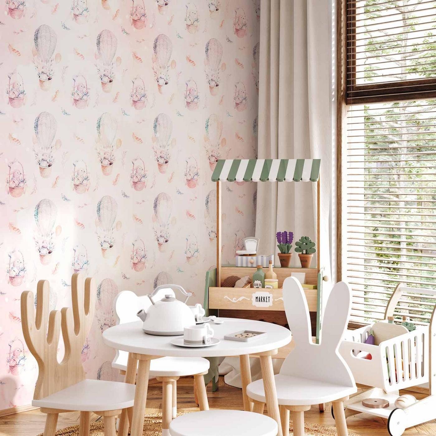 Fotobehang - Solid pattern with feathers - hares in a basket and in a balloon for children