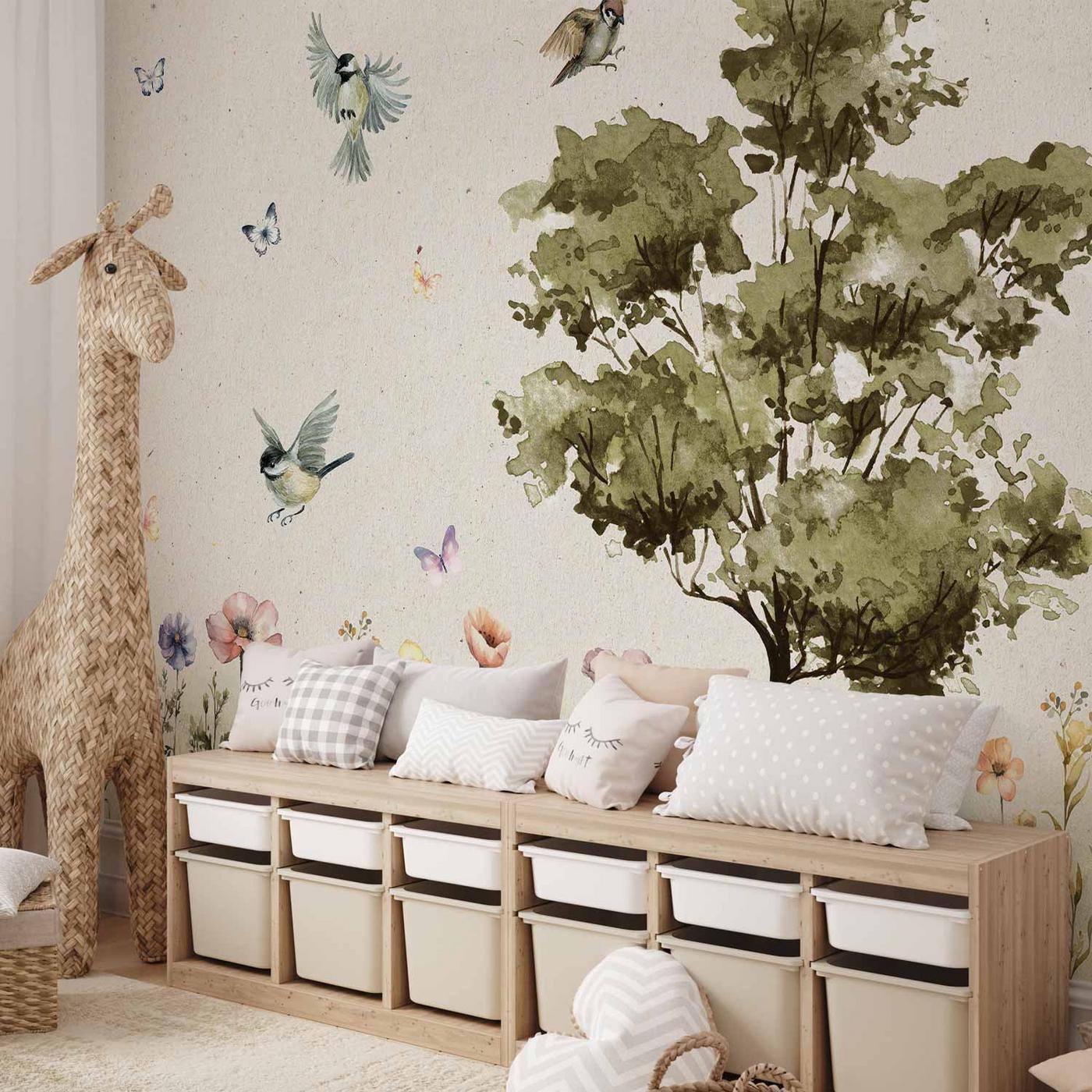 Fotobehang - Spring Meadow - a Clearing With Flowers Painted in Watercolours