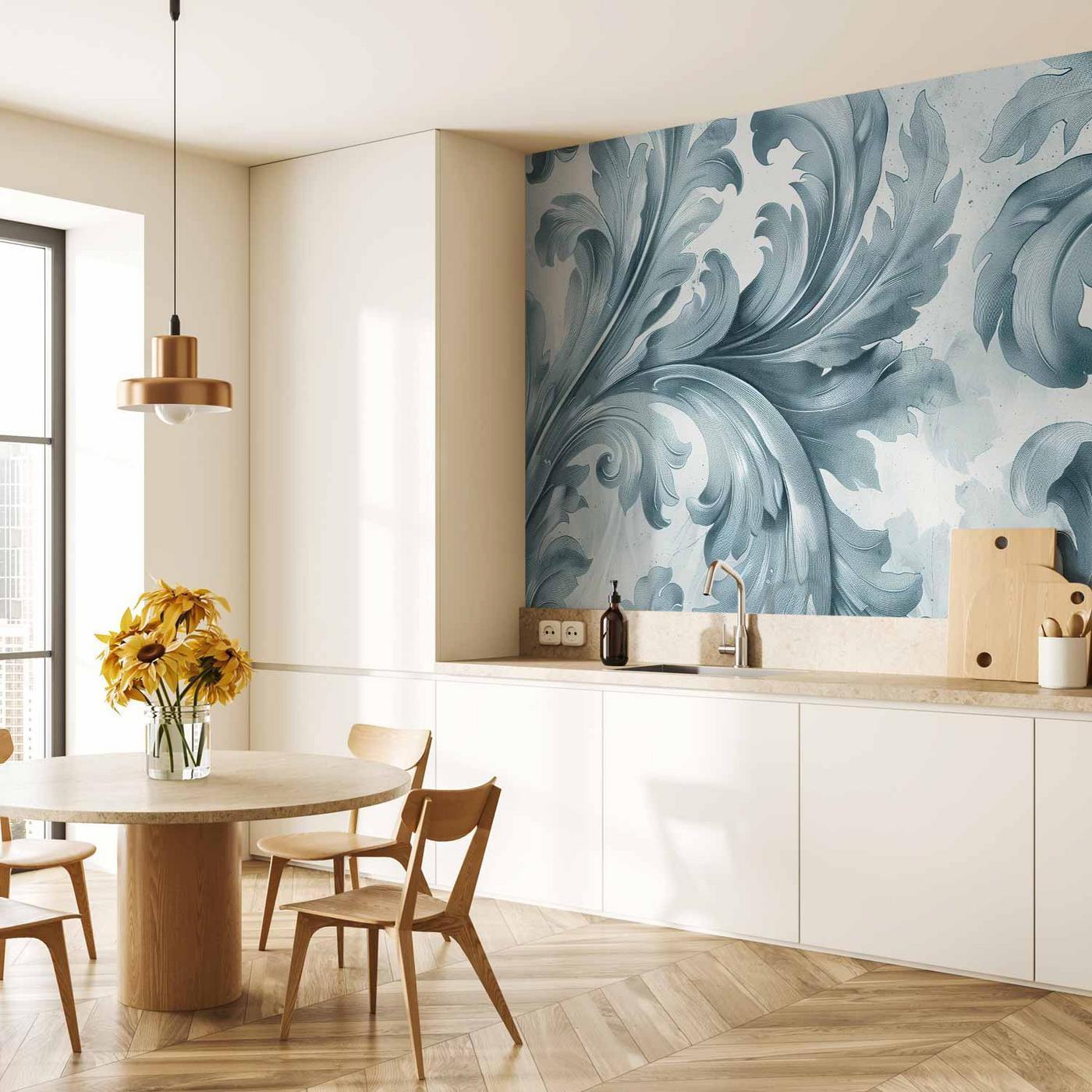 Fotobehang - Stone Baroque Ornaments in Light Shades of Gray-Blue