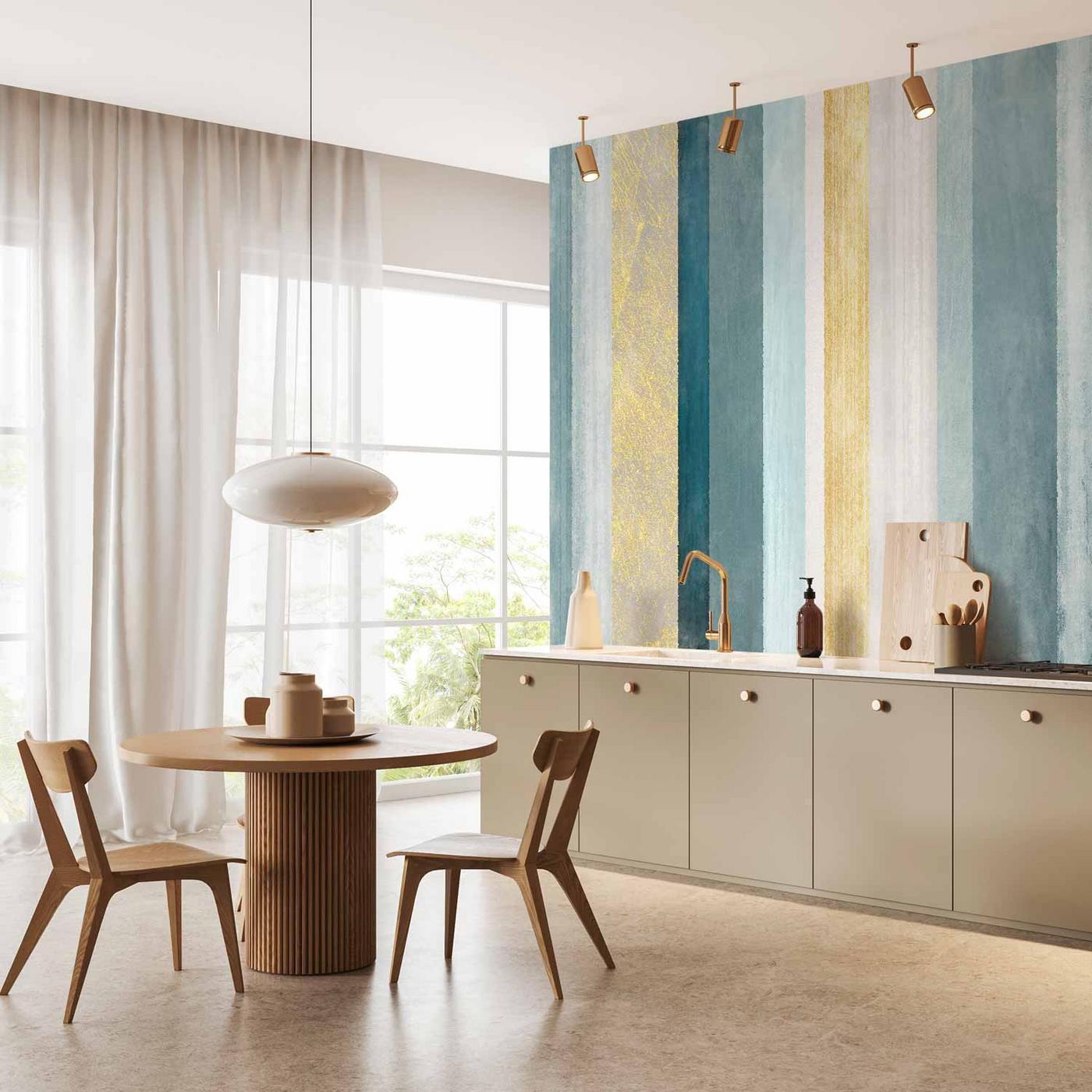 Fotobehang - Striped pattern - abstract background in stripes in blue tones with gold pattern