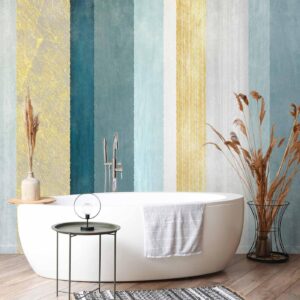 Fotobehang - Striped pattern - abstract background in stripes in blue tones with gold pattern