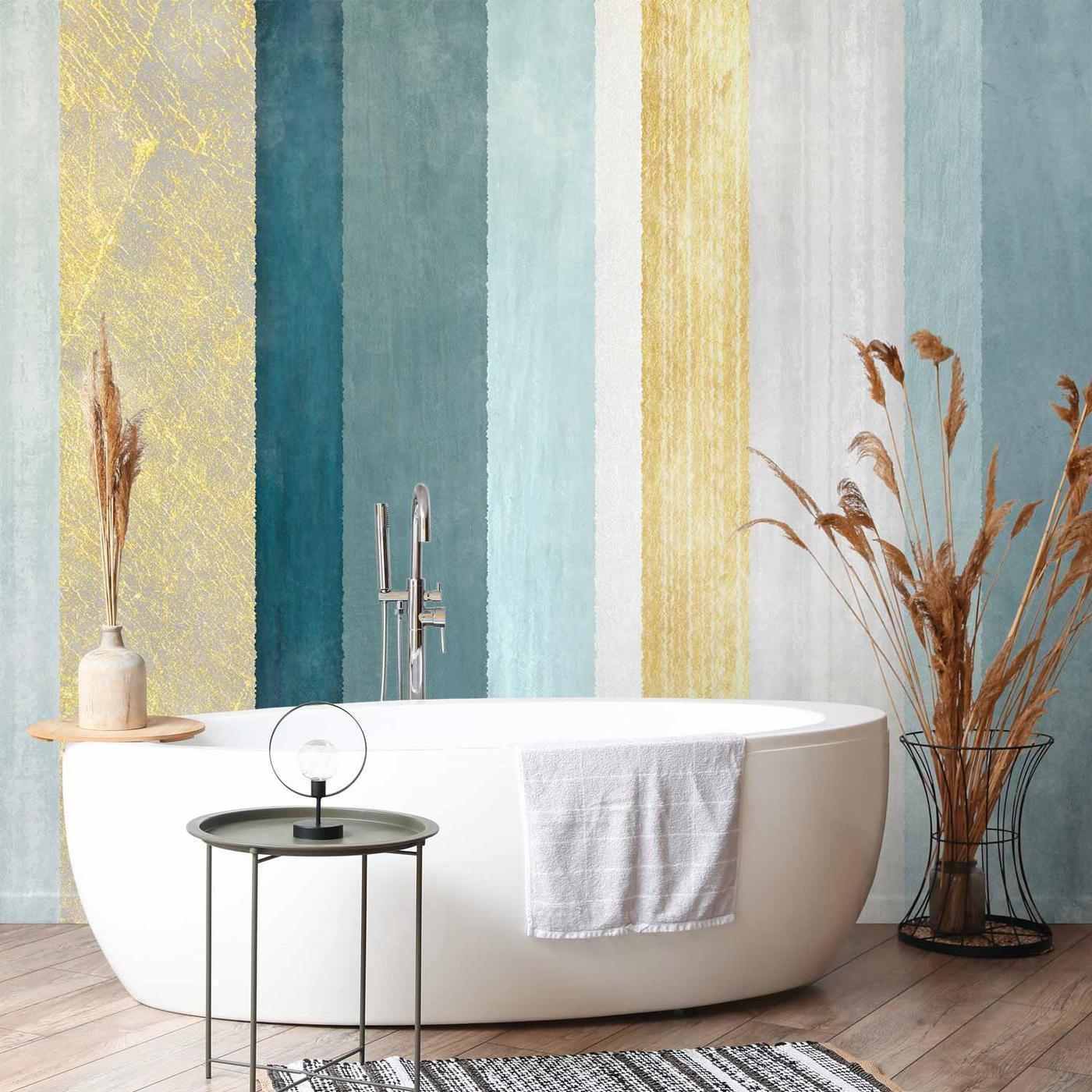 Fotobehang - Striped pattern - abstract background in stripes in blue tones with gold pattern