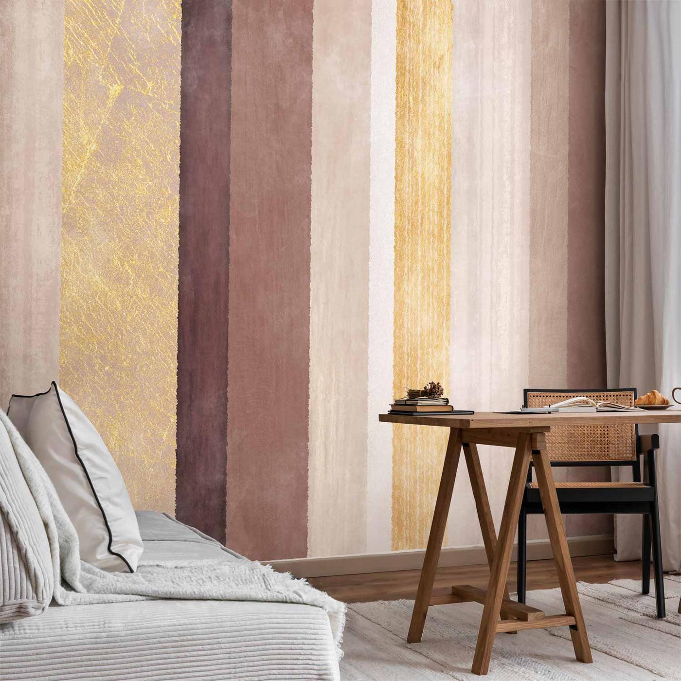 Fotobehang - Striped pattern - abstract background in stripes of different colours with gold pattern