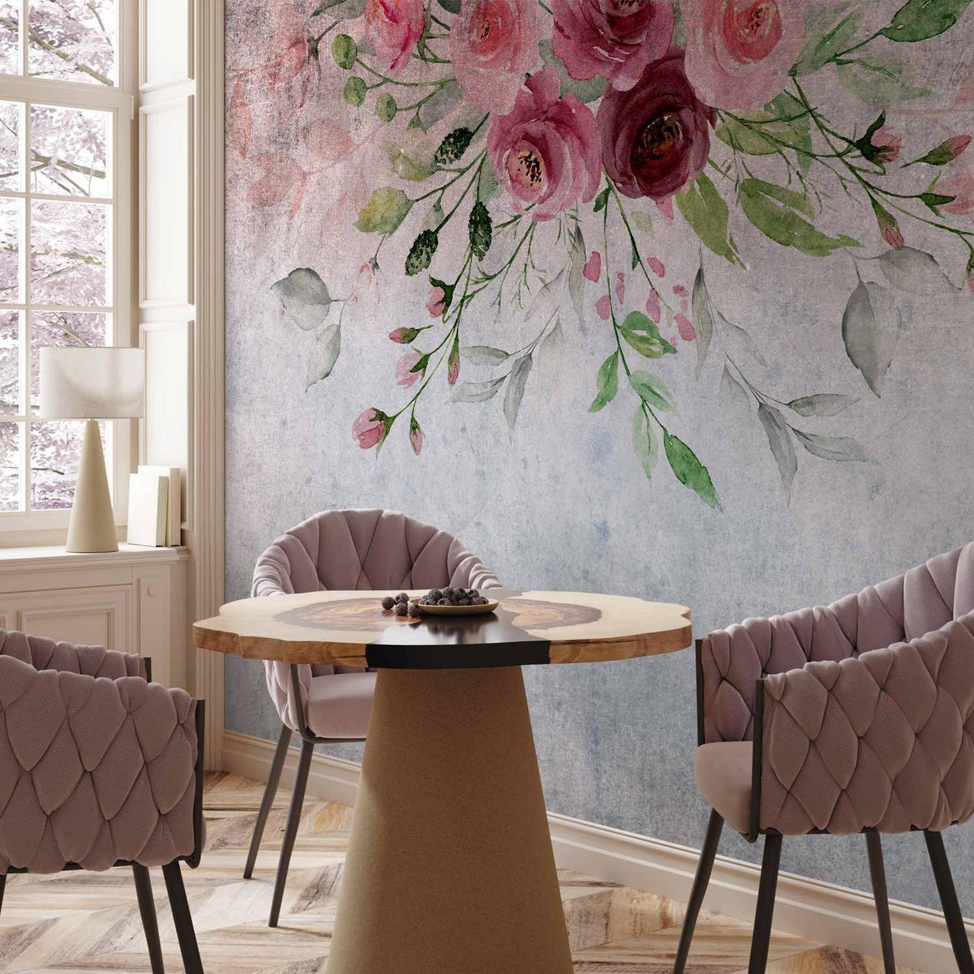 Fotobehang - Summer bloom - plant motif with flowers and leaves in pink tones