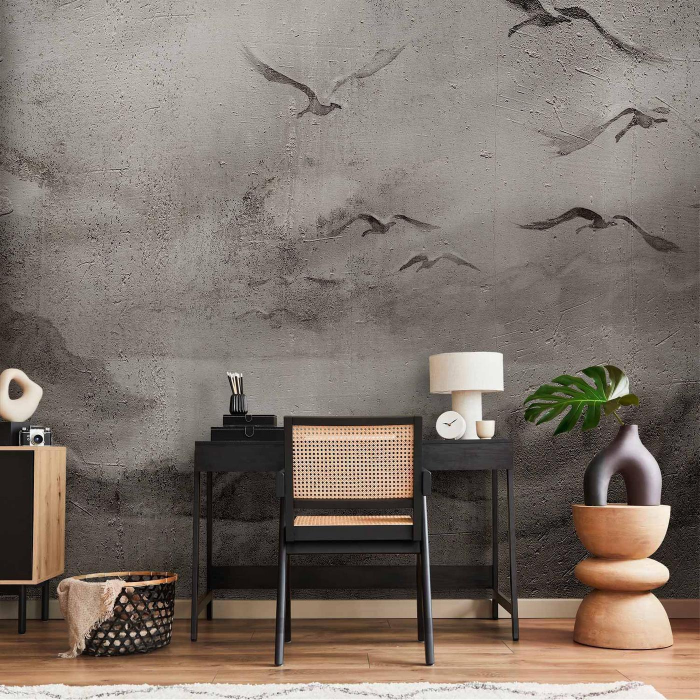 Fotobehang - Swan flight - abstract landscape of birds over a lake with texture