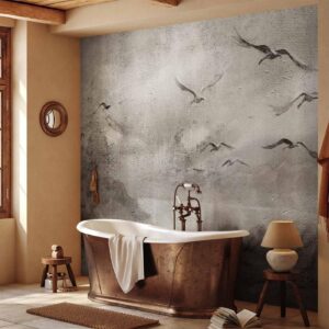 Fotobehang - Swan flight - abstract landscape of birds over a lake with texture