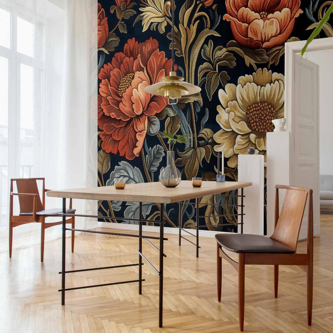 Fotobehang - Tapestry Large Flowers Retro Floral Motif in Kilim Style