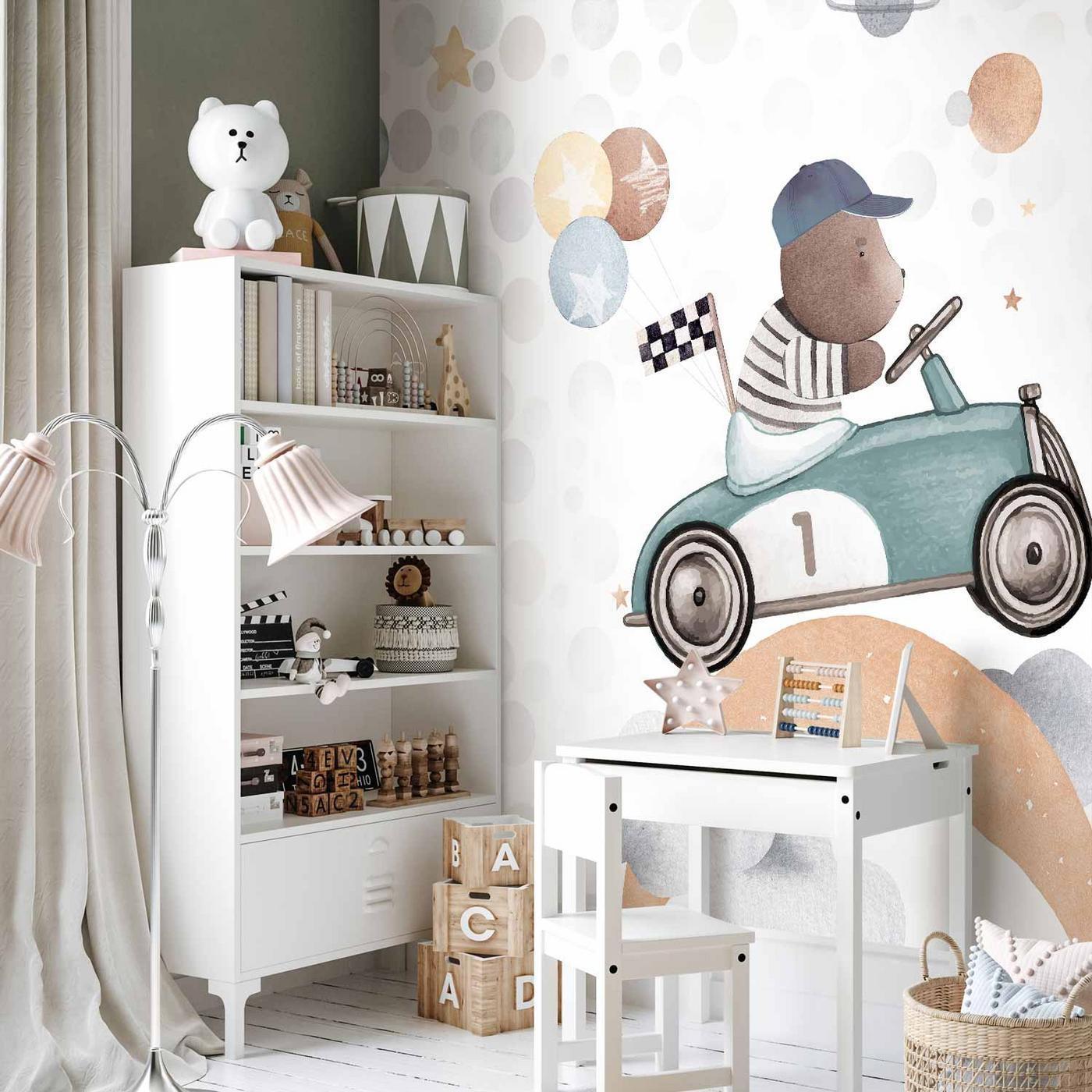 Fotobehang - Teddy Bear in a Racing Car