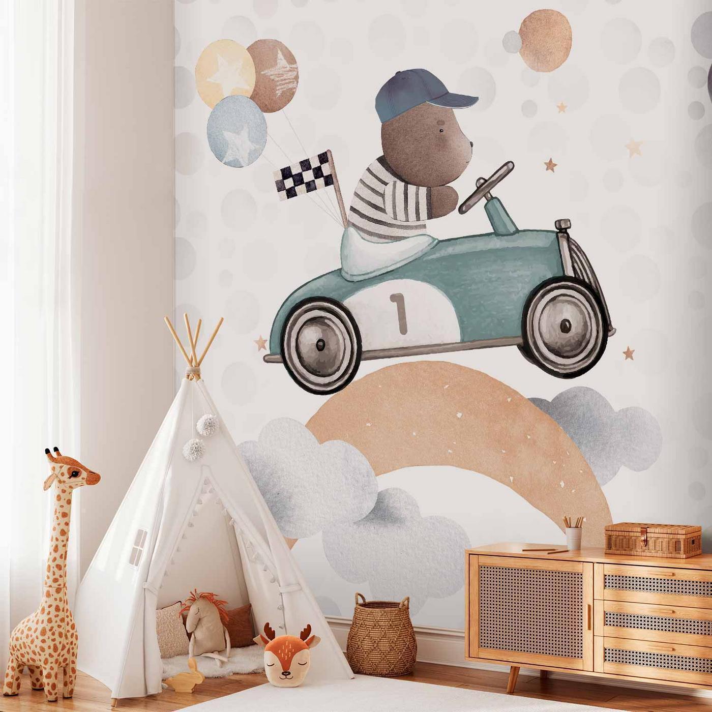 Fotobehang - Teddy Bear in a Racing Car