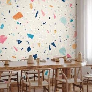 Fotobehang - Terrazzo with Multicolored Large Elements Cheerful Pattern on a Light Background