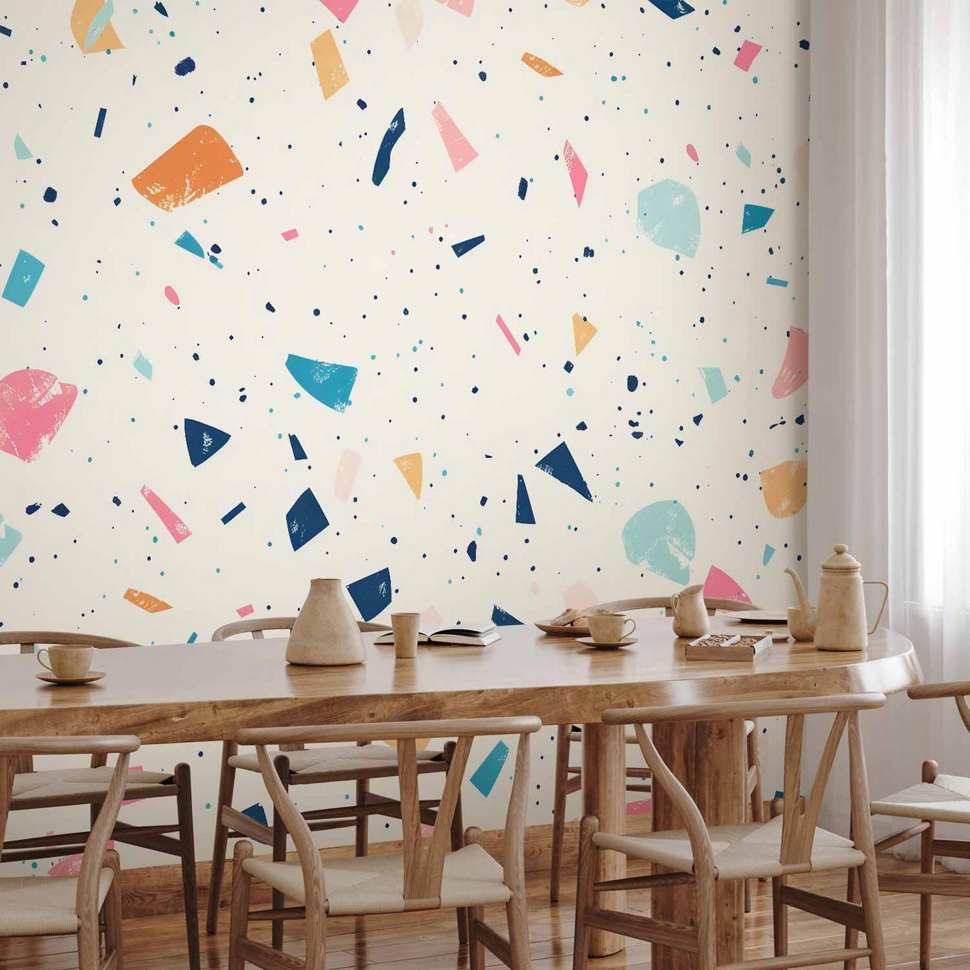 Fotobehang - Terrazzo with Multicolored Large Elements Cheerful Pattern on a Light Background