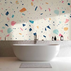 Fotobehang - Terrazzo with Multicolored Large Elements Cheerful Pattern on a Light Background