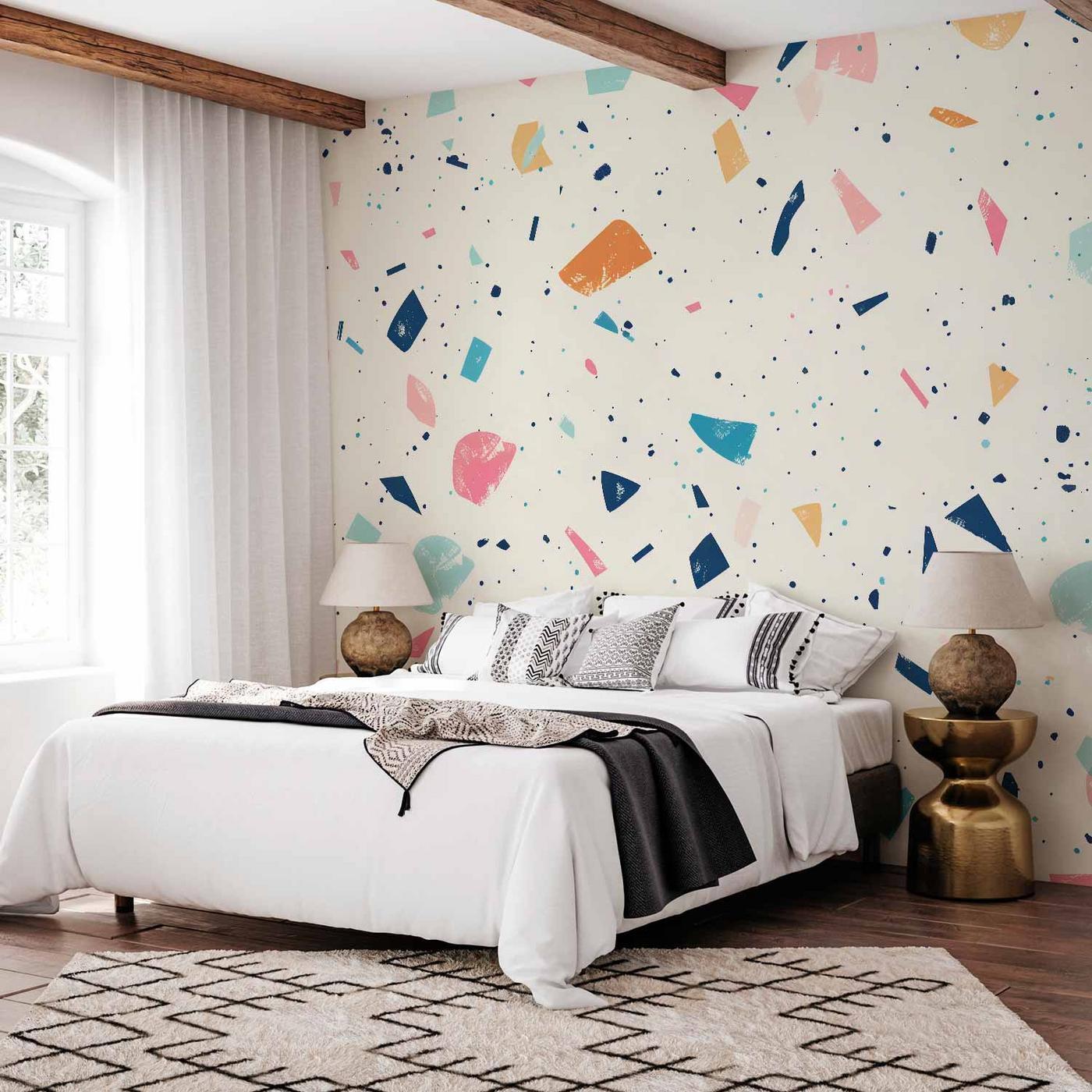 Fotobehang - Terrazzo with Multicolored Large Elements Cheerful Pattern on a Light Background