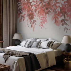 Fotobehang - Under vegetation - hanging vines of pink leaves on a neutral background