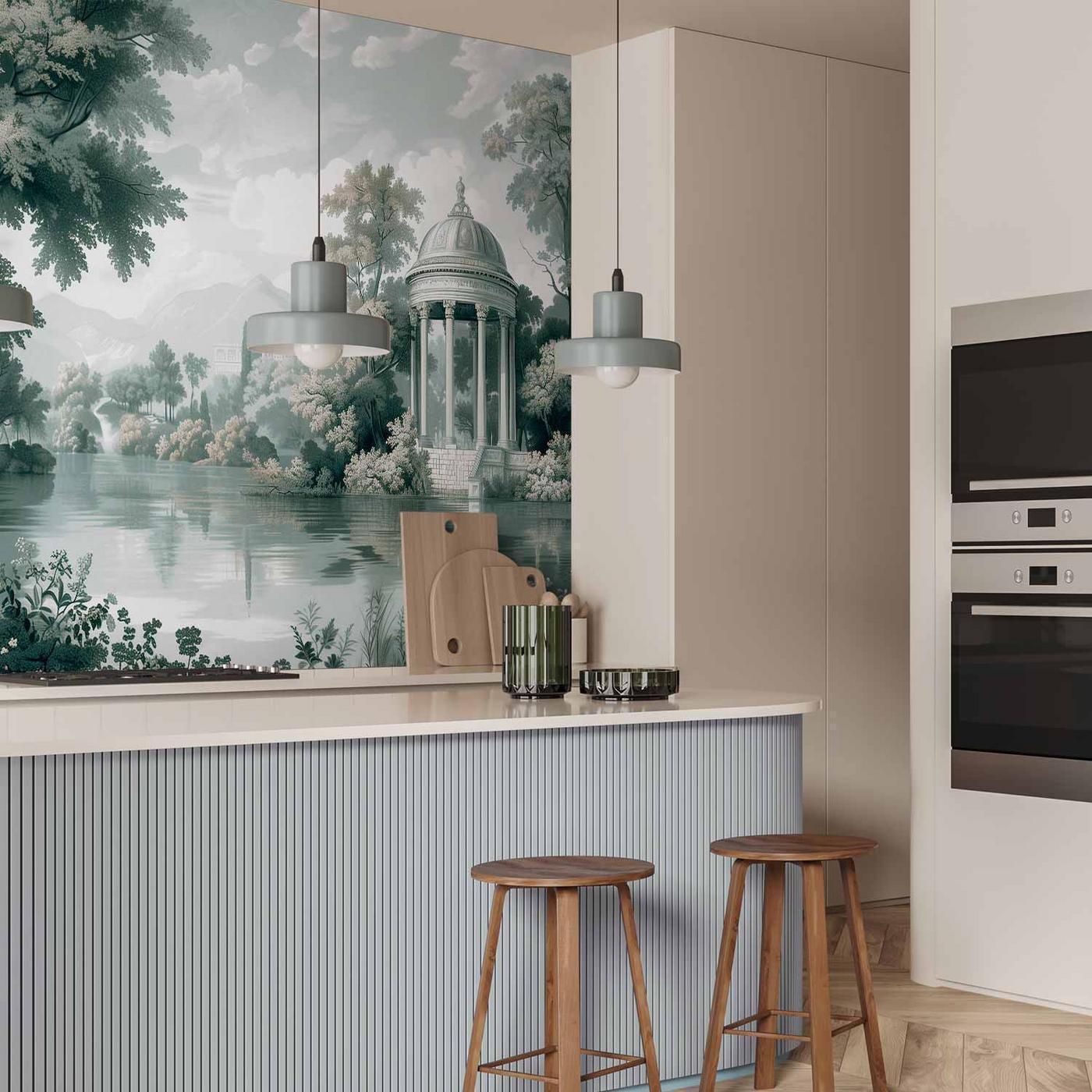 Fotobehang - View of the Park and Lake Retro Vintage Landscape in Greens