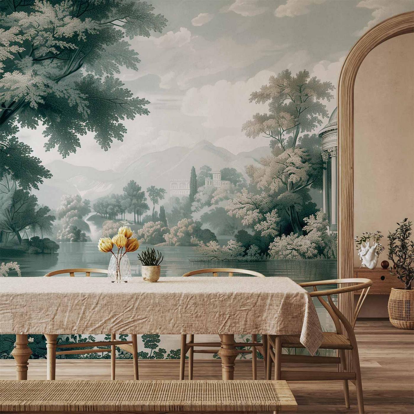 Fotobehang - View of the Park and Lake Retro Vintage Landscape in Greens